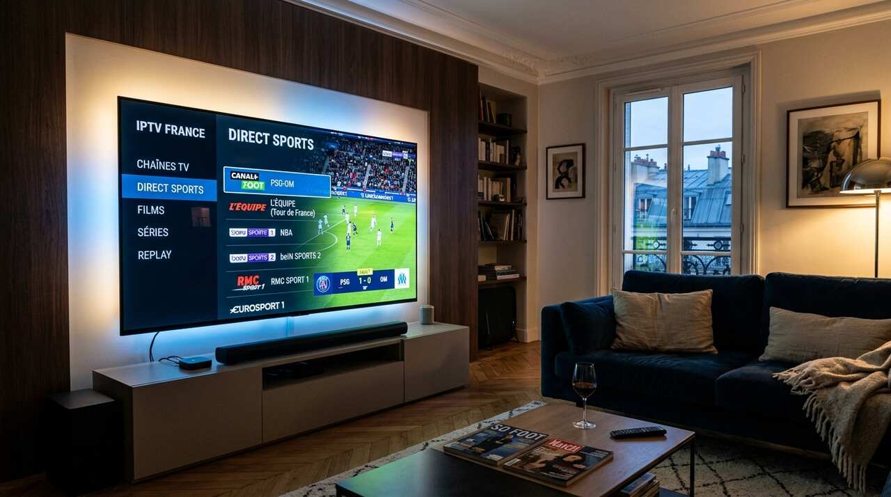 Salon moderne avec téléviseur 4K grand écran diffusant IPTV France TV avec une interface IPTV 4K France intuitive